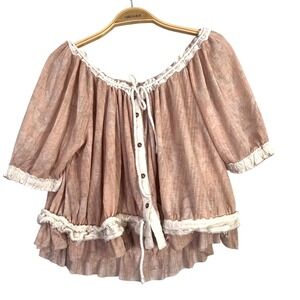 Free People Blouse‎ Womens XS Pink Floral Peasant Off Shoulder Festival Shabby